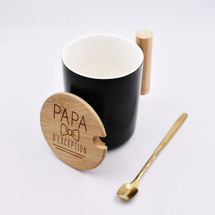 Mug céramique personnalisé couvercle bois gravé - illustration