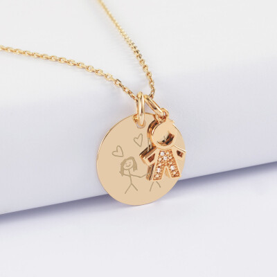 Pendentif personnalisé médaille gravée plaqué or 19 mm et breloque petit garçon scintillant 12 mm - dessin