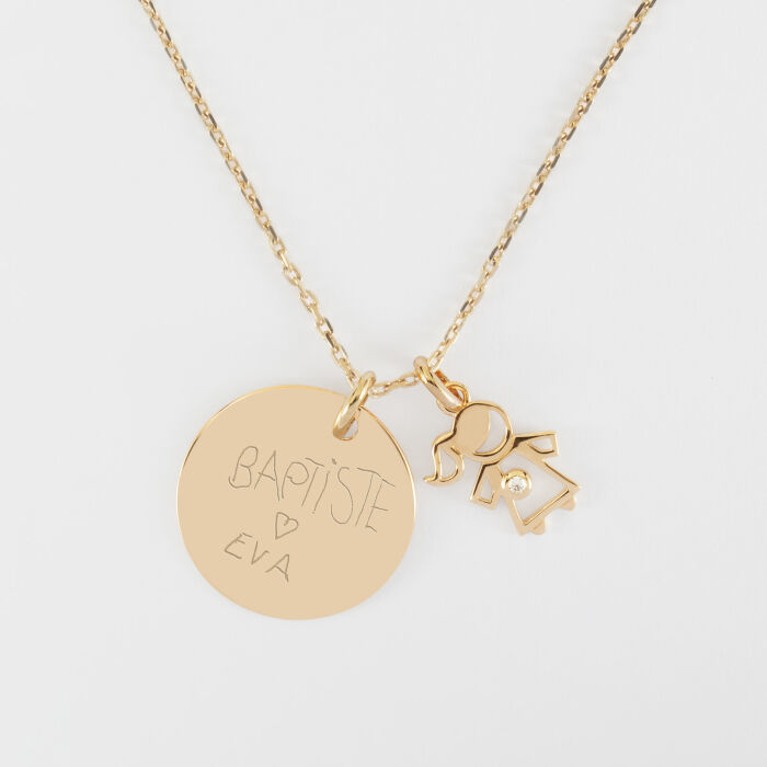 Pendentif personnalisé médaille gravée plaqué or 19 mm et breloque petite fille zircon 12 mm - écrit