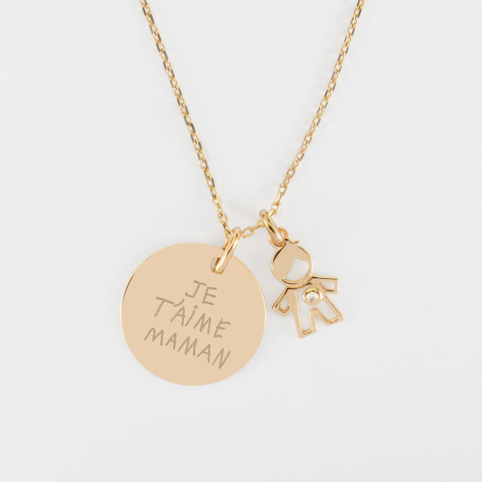 Pendentif personnalisé médaille gravée plaqué or 19 mm et breloque petit garçon zircon 12 mm - écrit