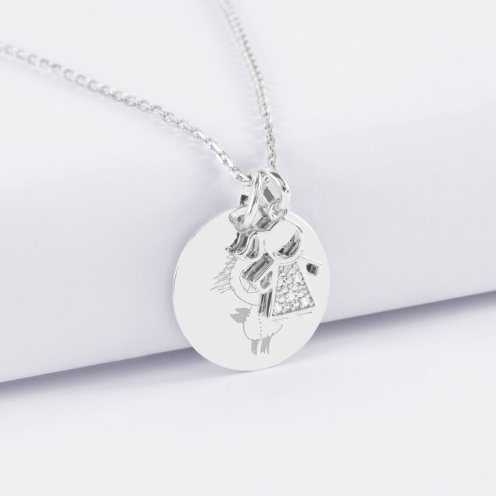 Pendentif personnalisé médaille gravée argent 19 mm et breloque petite fille scintillante 12 mm - dessin