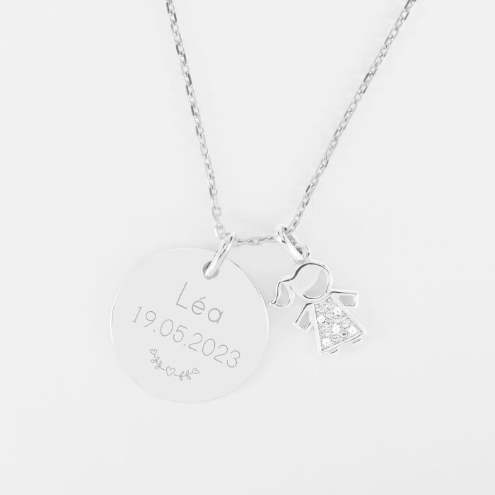 Pendentif personnalisé médaille gravée argent 19 mm et breloque petite fille scintillante 12 mm - texte pictogramme