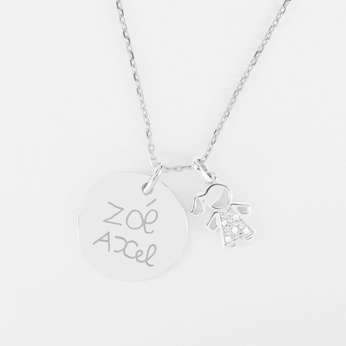 Pendentif personnalisé médaille gravée argent 19 mm et breloque petite fille scintillante 12 mm - ecrit