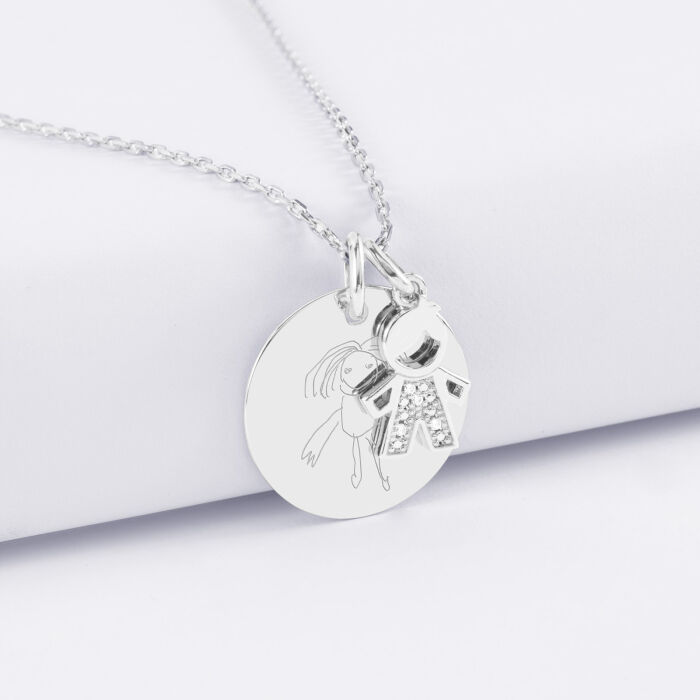 Pendentif personnalisé médaille gravée argent 19 mm et breloque petit garçon scintillant 12 mm - dessin