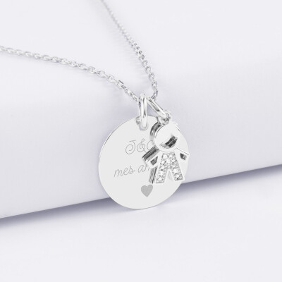 Pendentif personnalisé médaille gravée argent 19 mm et breloque petit garçon scintillant 12 mm - texte pictogramme