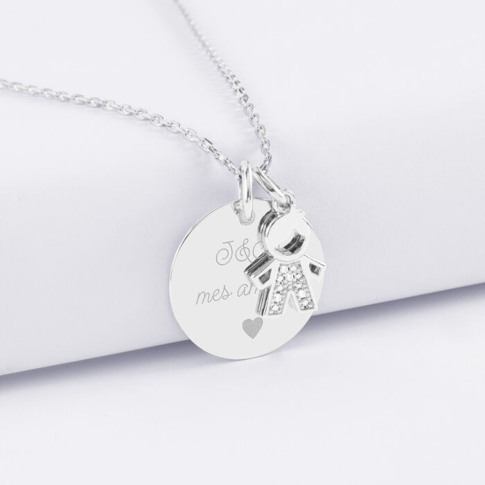 Pendentif personnalisé médaille gravée argent 19 mm et breloque petit garçon scintillant 12 mm - texte pictogramme