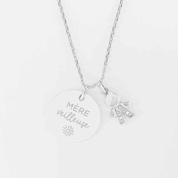 Pendentif personnalisé médaille gravée argent 19 mm et breloque petit garçon scintillant 12 mm - illustration