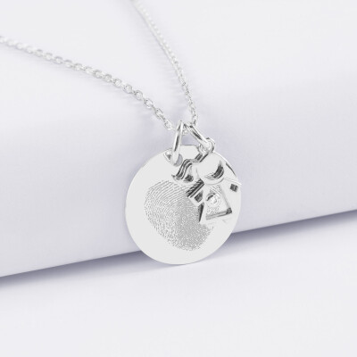 Pendentif personnalisé médaille gravée argent 19 mm et breloque petite fille zircon 12 mm - empreinte
