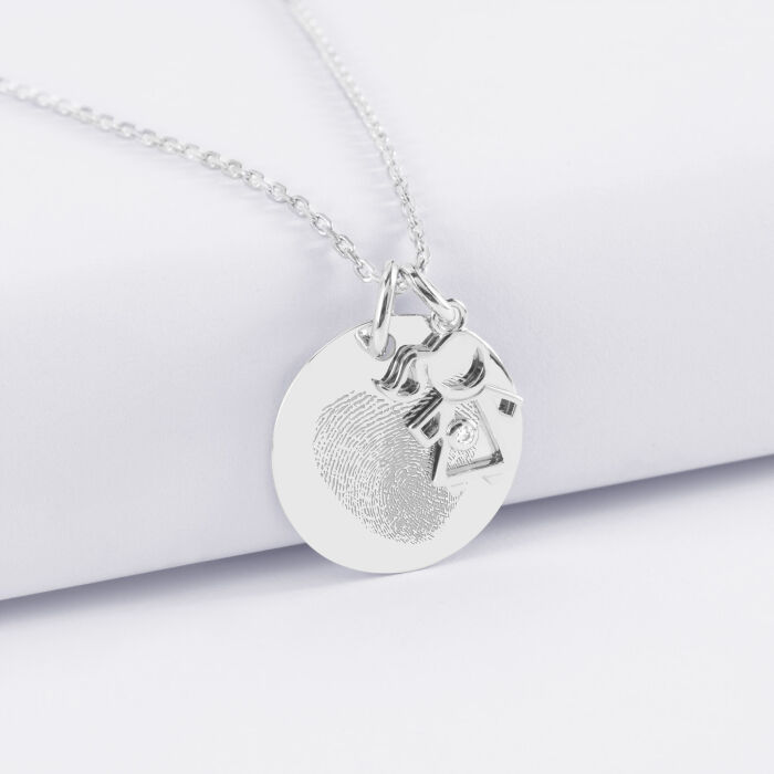 Pendentif personnalisé médaille gravée argent 19 mm et breloque petite fille zircon 12 mm - empreinte