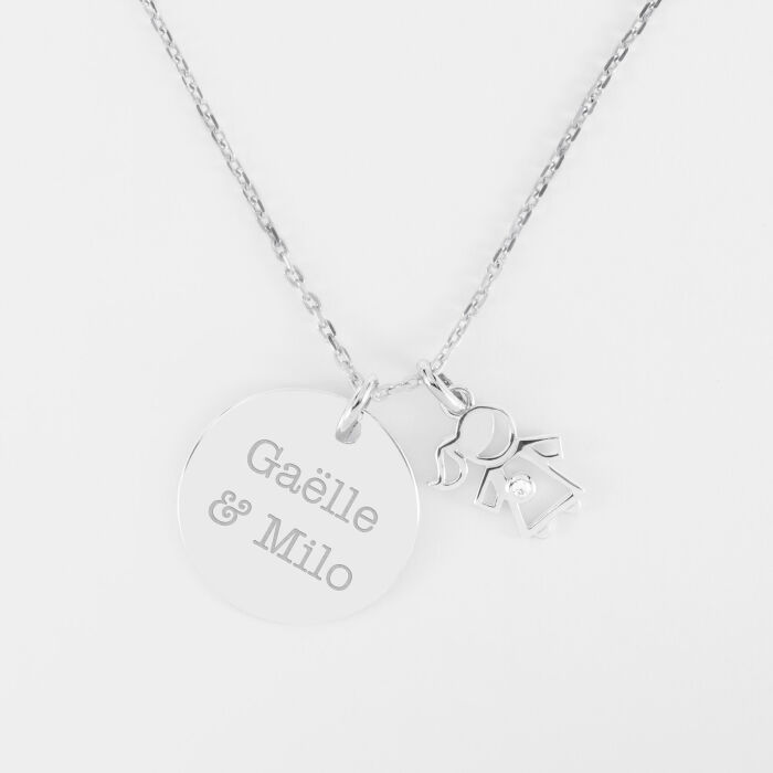 Pendentif personnalisé médaille gravée argent 19 mm et breloque petite fille zircon 12 mm - texte