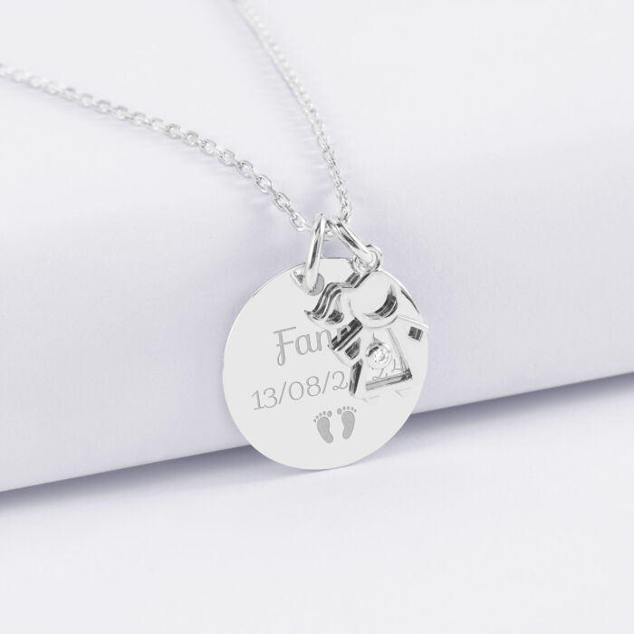 Pendentif personnalisé médaille gravée argent 19 mm et breloque petite fille zircon 12 mm - texte pictogramme