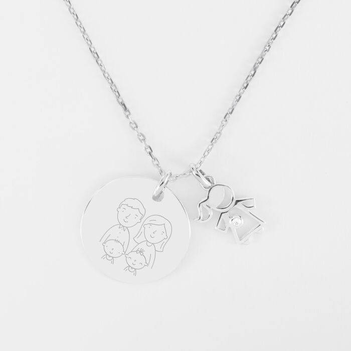 Pendentif personnalisé médaille gravée argent 19 mm et breloque petite fille zircon 12 mm - illustration