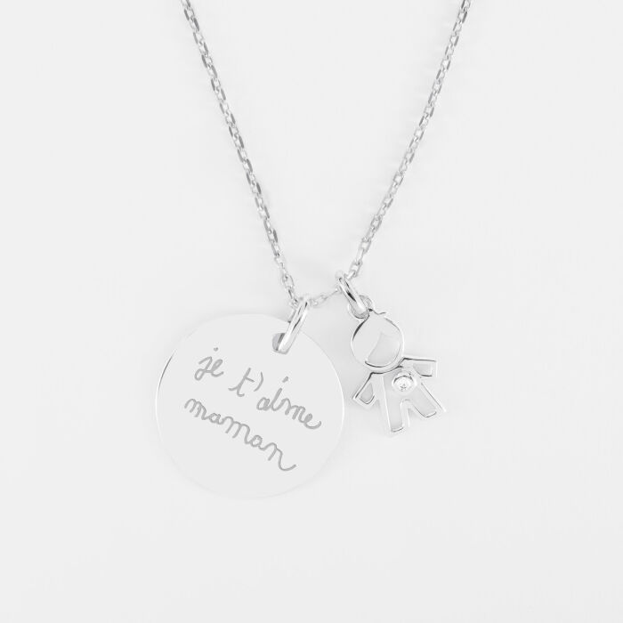 Pendentif personnalisé médaille gravée argent 19 mm et breloque petit garçon zircon 12 mm - écrit