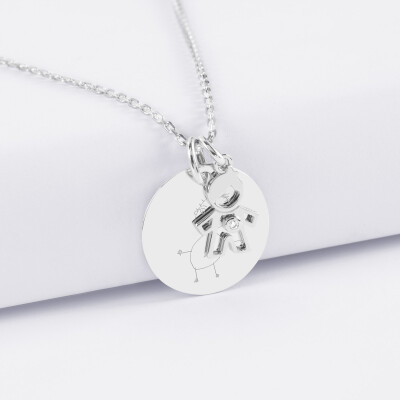 Pendentif personnalisé médaille gravée argent 19 mm et breloque petit garçon zircon 12 mm - dessin
