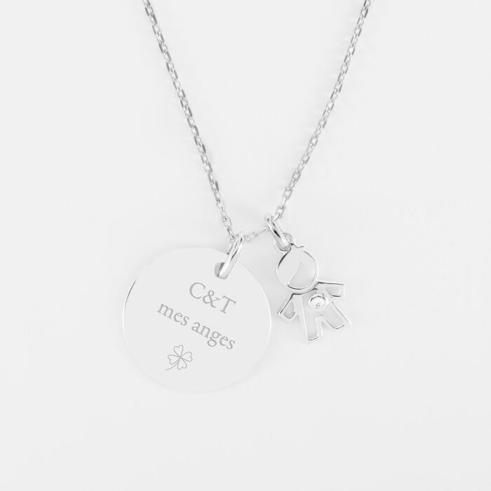 Pendentif personnalisé médaille gravée argent 19 mm et breloque petit garçon zircon 12 mm - texte pictogramme