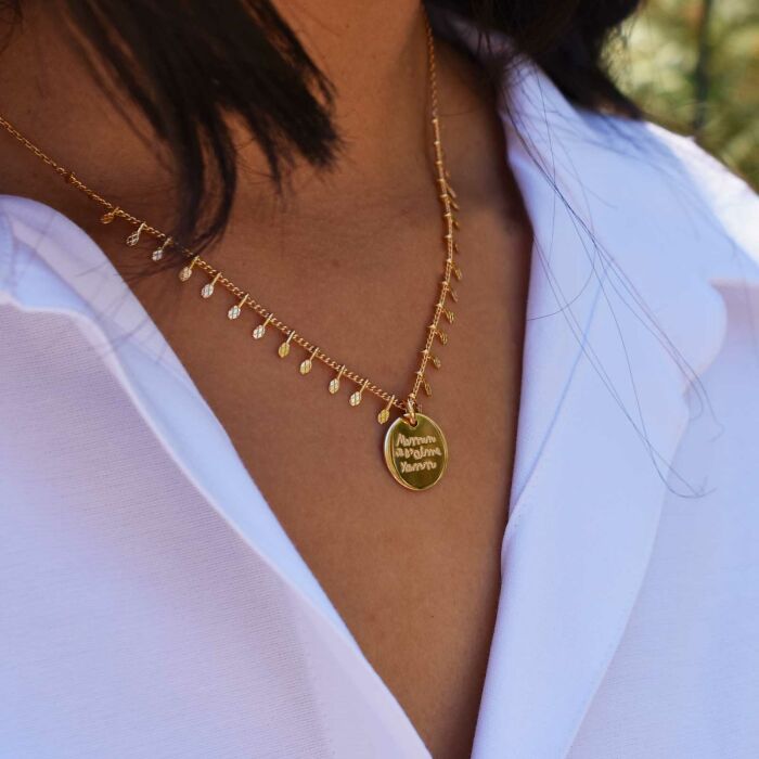 Collier chaîne pampilles personnalisé médaille gravée plaqué or 15 mm