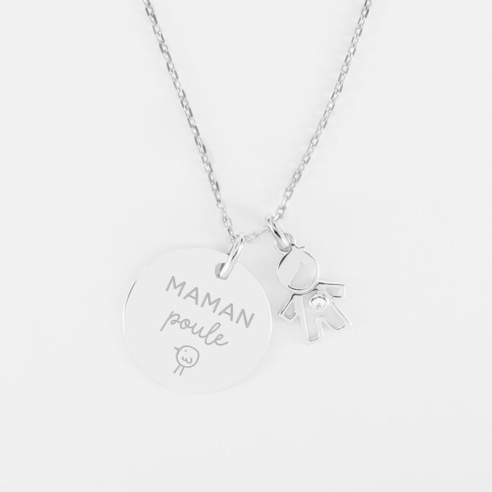 Pendentif personnalisé médaille gravée argent 19 mm et breloque petit garçon zircon 12 mm - illustration