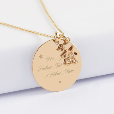 Pendentif personnalisé médaille gravée plaqué or 27 mm et breloque petite fille scintillante 12 mm - texte pictogramme