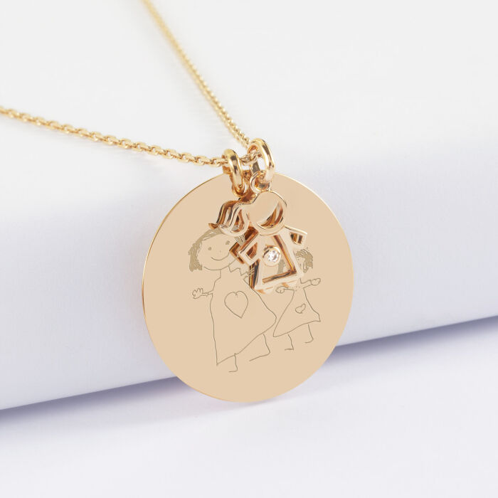 Pendentif personnalisé médaille gravée plaqué or 27 mm et breloque petite fille zircon 12 mm - dessin