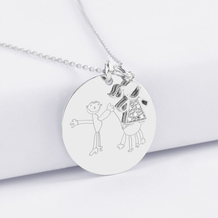 Pendentif personnalisé médaille gravée argent 27 mm et breloque petite fille scintillante 12 mm - dessin