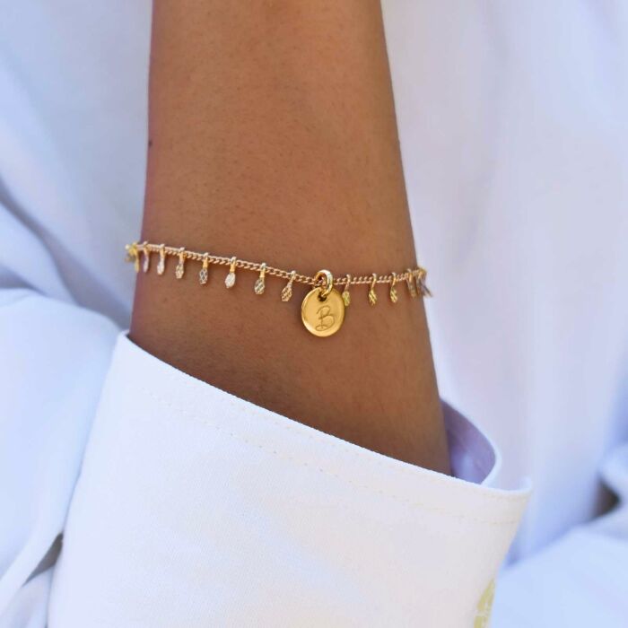 Bracelet chaîne pampilles personnalisé médaille gravée plaqué or 10 mm