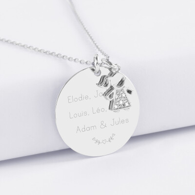 Pendentif personnalisé médaille gravée argent 27 mm et breloque petite fille scintillante 12 mm - texte pictogramme