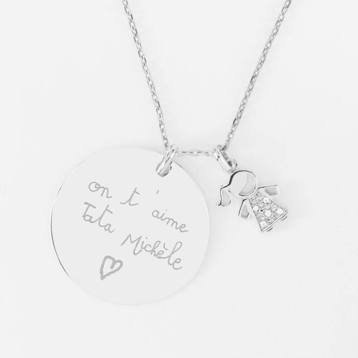 Pendentif personnalisé médaille gravée argent 27 mm et breloque petite fille scintillante 12 mm - écrit