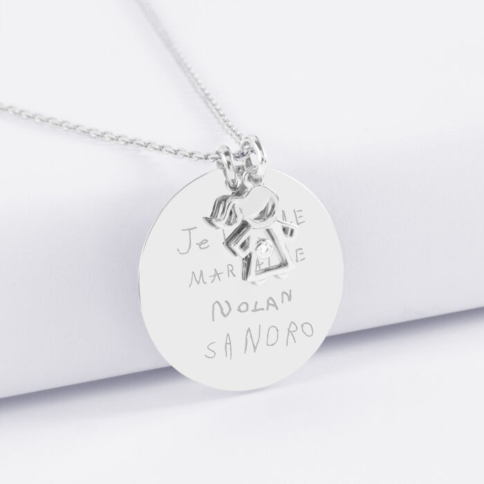 Pendentif personnalisé médaille gravée argent 27 mm et breloque petite fille zircon 12 mm - écrit