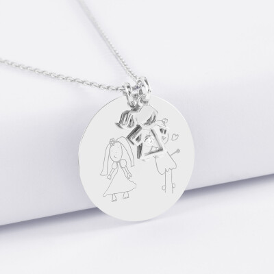 Pendentif personnalisé médaille gravée argent 27 mm et breloque petite fille zircon 12 mm - dessin