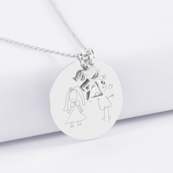 Pendentif personnalisé médaille gravée argent 27 mm et breloque petite fille zircon 12 mm - dessin