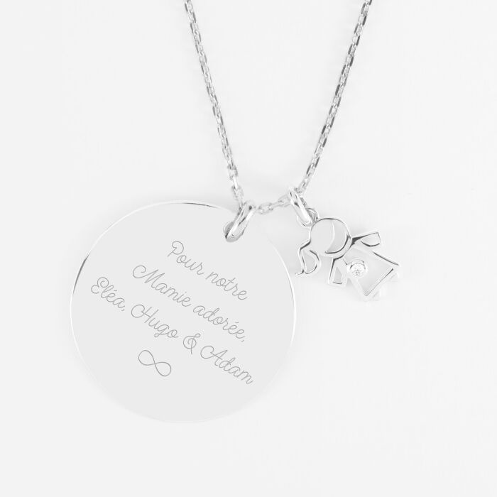 Pendentif personnalisé médaille gravée argent 27 mm et breloque petite fille zircon 12 mm - texte pictogramme