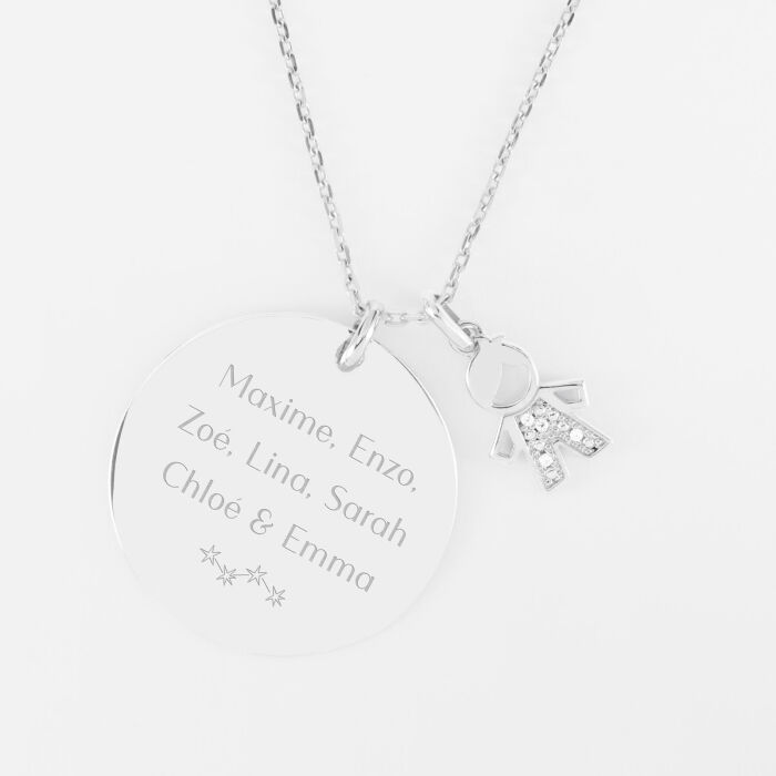 Pendentif personnalisé médaille gravée argent 27 mm et breloque petit garçon scintillant 12 mm - texte pictogramme