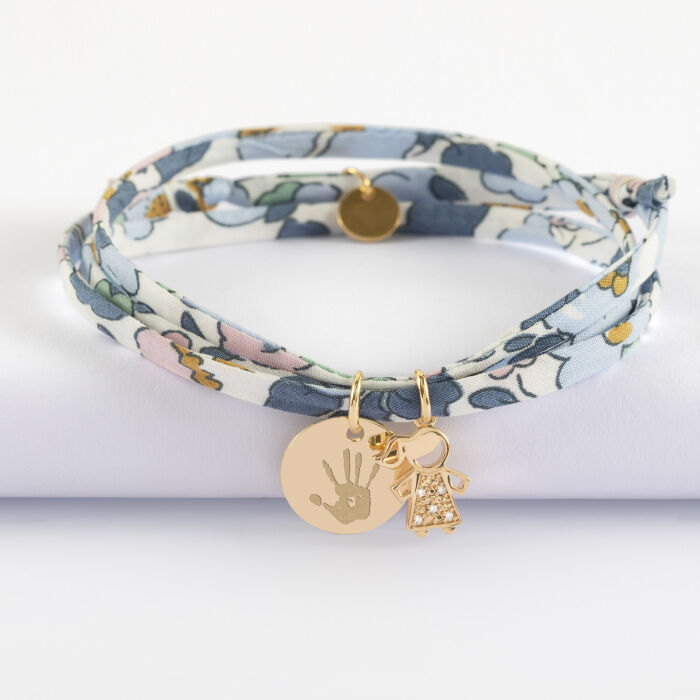 Bracelet 3 tours Liberty personnalisé médaille gravée plaqué or 15 mm et breloque petite fille scintillante 12 mm - empreinte