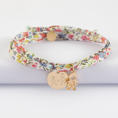 Bracelet 3 tours Liberty personnalisé médaille gravée plaqué or 15 mm et breloque petit garçon scintillant 12 mm - dessin