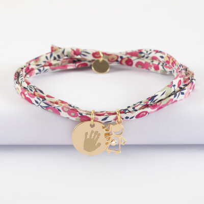 Bracelet 3 tours Liberty personnalisé médaille gravée plaqué or 15 mm et breloque petite fille zircon 12 mm - empreinte
