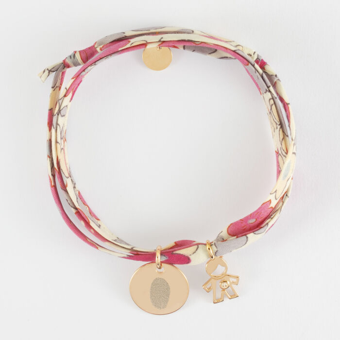 Bracelet 3 tours Liberty personnalisé médaille gravée plaqué or 15 mm et breloque petit garçon zircon 12 mm - empreinte
