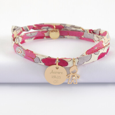 Bracelet 3 tours Liberty personnalisé médaille gravée plaqué or 15 mm et breloque petit garçon zircon 12 mm - texte pictogramme