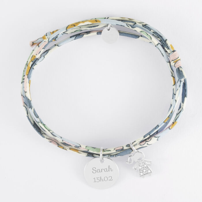 Bracelet 3 tours Liberty personnalisé médaille gravée argent 15 mm et breloque petite fille scintillante 12 mm - texte