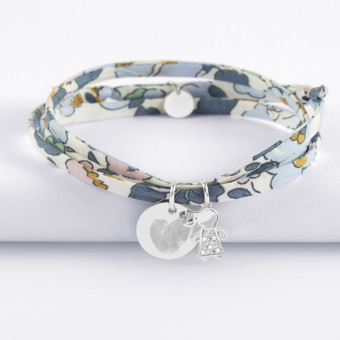 Bracelet 3 tours Liberty personnalisé médaille gravée argent 15 mm et breloque petite fille scintillante 12 mm - empreinte