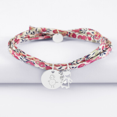 Bracelet 3 tours Liberty personnalisé médaille gravée argent 15 mm et breloque petite fille zircon 12 mm - dessin