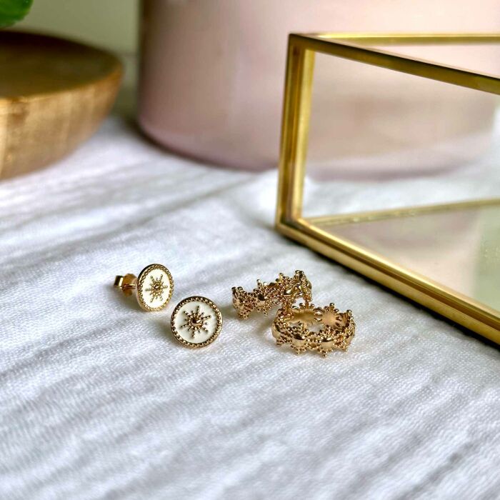 Gold-Plated White Enamel Sun Earrings