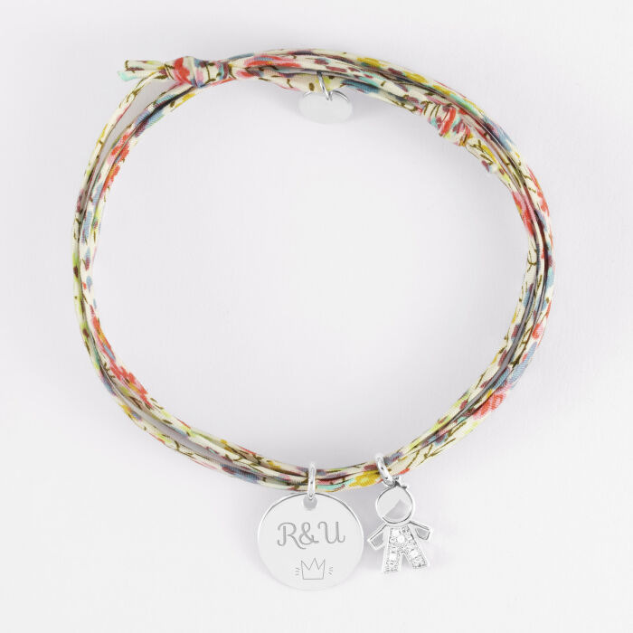 Bracelet 3 tours Liberty personnalisé médaille gravée argent 15 mm et breloque petit garçon scintillant 12 mm - texte pictogramme