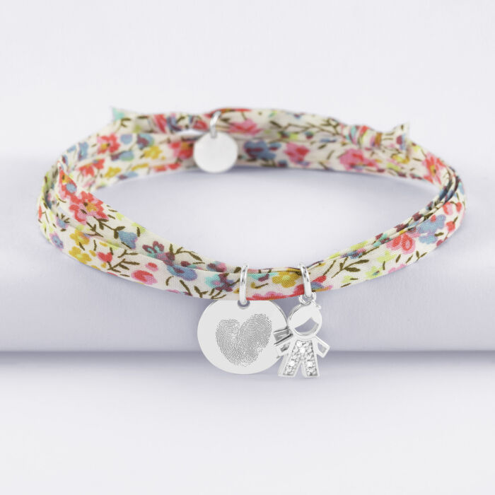 Bracelet 3 tours Liberty personnalisé médaille gravée argent 15 mm et breloque petit garçon scintillant 12 mm - empreinte