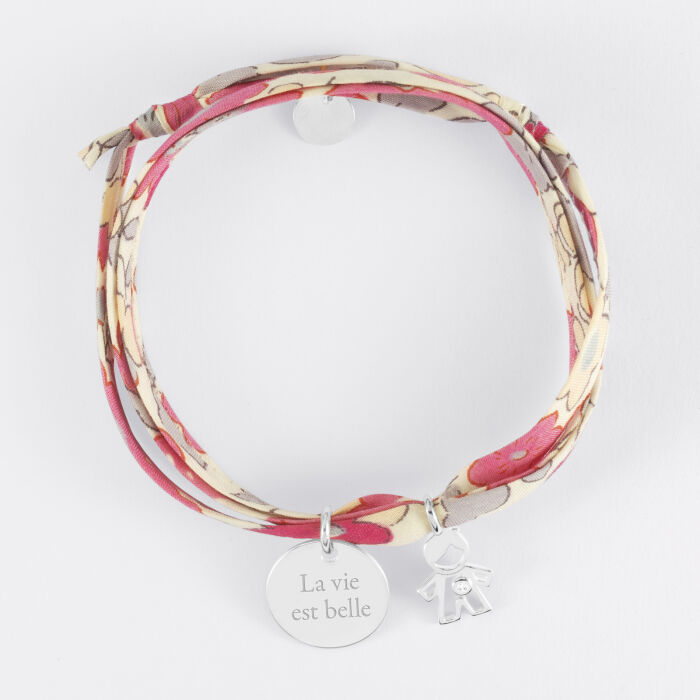 Bracelet 3 tours Liberty personnalisé médaille gravée argent 15 mm et breloque petit garçon zircon 12 mm - texte