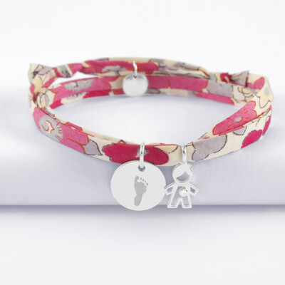 Bracelet 3 tours Liberty personnalisé médaille gravée argent 15 mm et breloque petit garçon zircon 12 mm - empreinte