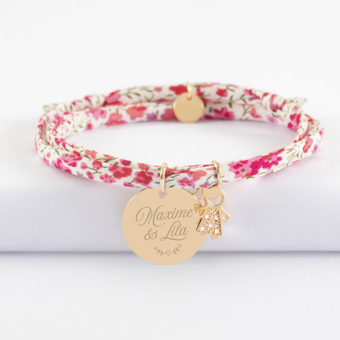 Bracelet 3 tours Liberty personnalisé médaille gravée plaqué or 19 mm et breloque petite fille scintillante 12 mm - texte pictogramme