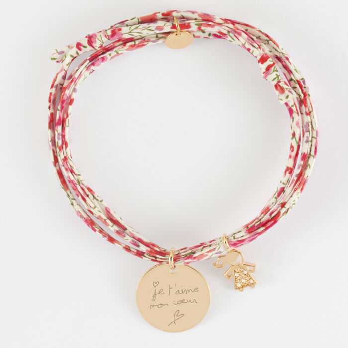 Bracelet 3 tours Liberty personnalisé médaille gravée plaqué or 19 mm et breloque petite fille scintillante 12 mm - écrit