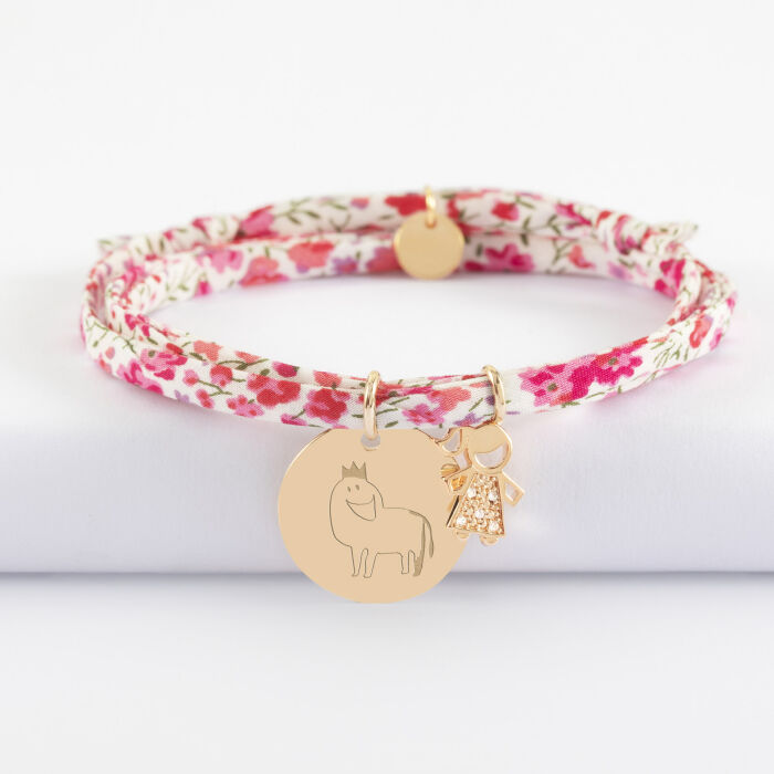 Bracelet 3 tours Liberty personnalisé médaille gravée plaqué or 19 mm et breloque petite fille scintillante 12 mm - dessin