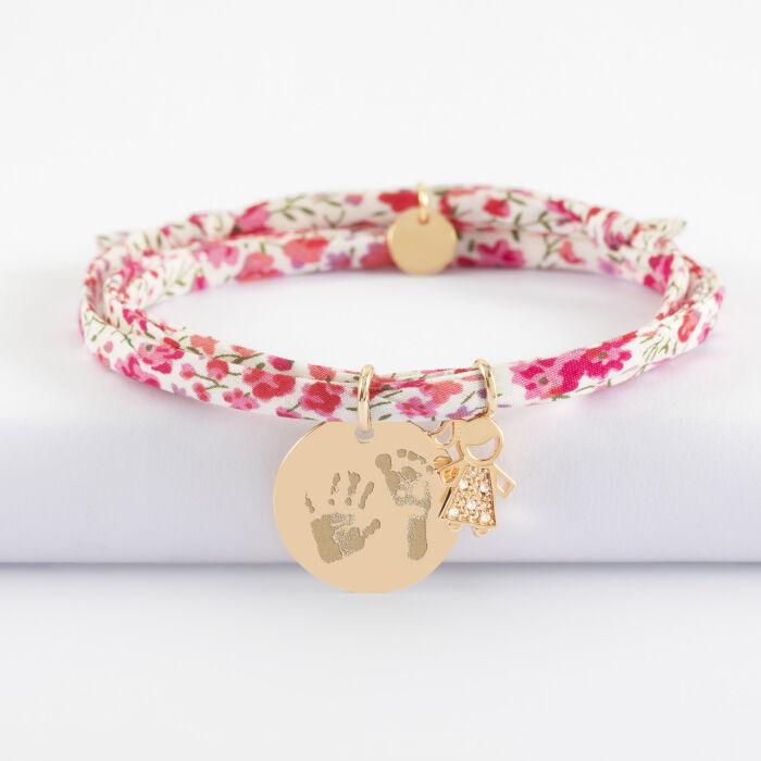 Bracelet 3 tours Liberty personnalisé médaille gravée plaqué or 19 mm et breloque petite fille scintillante 12 mm - empreintes