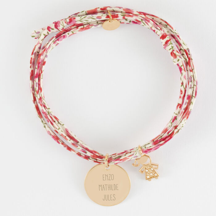 Bracelet 3 tours Liberty personnalisé médaille gravée plaqué or 19 mm et breloque petite fille scintillante 12 mm - texte